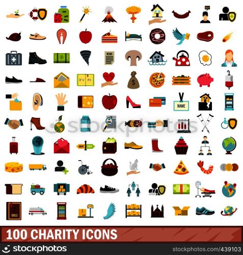 100 charity icons set in flat style for any design vector illustration. 100 charity icons set, flat style