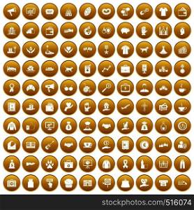 100 charity icons set in gold circle isolated on white vector illustration. 100 charity icons set gold