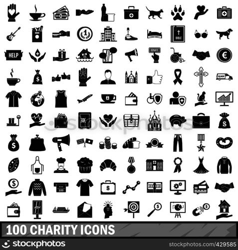 100 charity icons set in simple style for any design vector illustration. 100 charity icons set, simple style