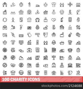 100 charity icons set. Outline illustration of 100 charity icons vector set isolated on white background. 100 charity icons set, outline style