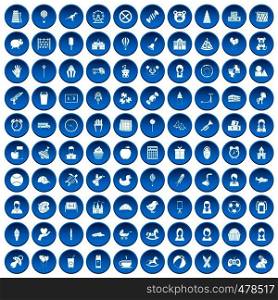 100 child center icons set in blue circle isolated on white vector illustration. 100 child center icons set blue
