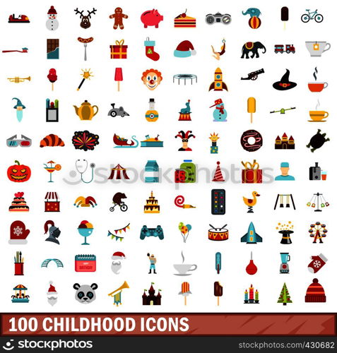 100 childhood icons set in flat style for any design vector illustration. 100 childhood icons set, flat style