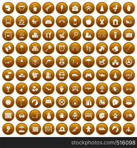 100 childhood icons set in gold circle isolated on white vector illustration. 100 childhood icons set gold