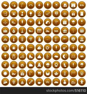 100 childrens parties icons set in gold circle isolated on white vector illustration. 100 childrens parties icons set gold