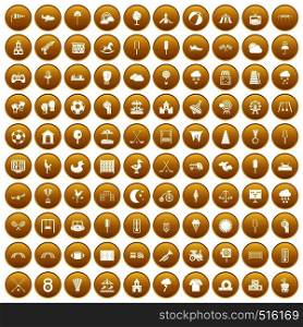 100 childrens playground icons set in gold circle isolated on white vector illustration. 100 childrens playground icons set gold