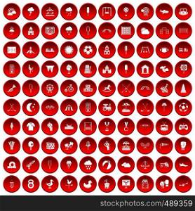 100 childrens playground icons set in red circle isolated on white vector illustration. 100 childrens playground icons set red