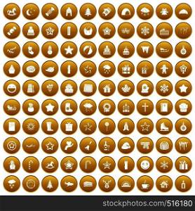 100 christmas icons set in gold circle isolated on white vector illustration. 100 christmas icons set gold