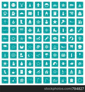 100 christmas icons set in grunge style blue color isolated on white background vector illustration. 100 christmas icons set grunge blue