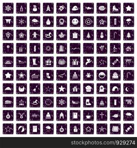 100 christmas icons set in grunge style purple color isolated on white background vector illustration. 100 christmas icons set grunge purple
