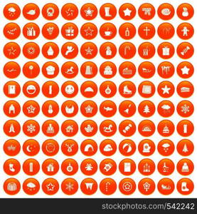 100 christmas icons set in orange circle isolated on white vector illustration. 100 christmas icons set orange