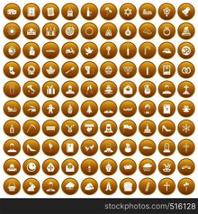 100 church icons set in gold circle isolated on white vector illustration. 100 church icons set gold