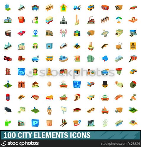 100 city elements icons set in cartoon style for any design vector illustration. 100 city elements icons set, cartoon style