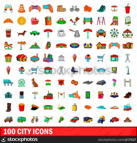 100 city icons set in cartoon style for any design vector illustration. 100 city icons set, cartoon style