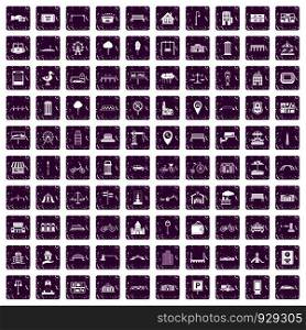 100 city icons set in grunge style purple color isolated on white background vector illustration. 100 city icons set grunge purple