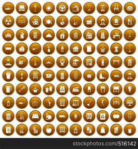 100 cleaning icons set in gold circle isolated on white vector illustration. 100 cleaning icons set gold