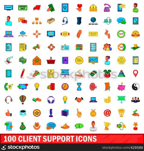 100 client support icons set in cartoon style for any design vector illustration. 100 client support icons set, cartoon style