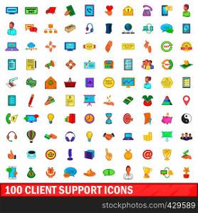 100 client support icons set in cartoon style for any design vector illustration. 100 client support icons set, cartoon style