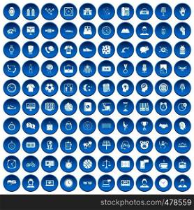 100 clock icons set in blue circle isolated on white vector illustration. 100 clock icons set blue