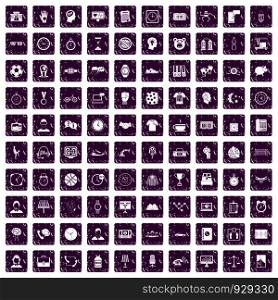 100 clock icons set in grunge style purple color isolated on white background vector illustration. 100 clock icons set grunge purple