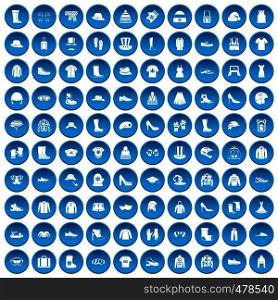 100 clothing and accessories icons set in blue circle isolated on white vector illustration. 100 clothing and accessories icons set blue