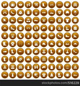 100 clothing and accessories icons set in gold circle isolated on white vector illustration. 100 clothing and accessories icons set gold