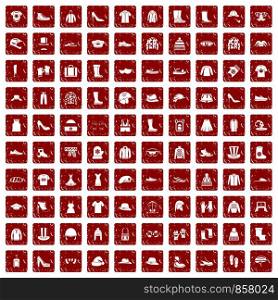 100 clothing and accessories icons set in grunge style red color isolated on white background vector illustration. 100 clothing and accessories icons set grunge red