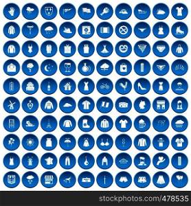 100 clothing icons set in blue circle isolated on white vector illustration. 100 clothing icons set blue