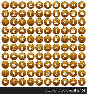 100 clothing icons set in gold circle isolated on white vector illustration. 100 clothing icons set gold