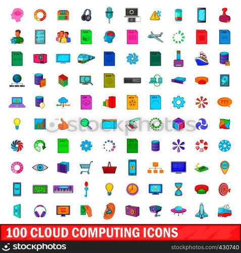 100 cloud computing icons set in cartoon style for any design vector illustration. 100 cloud computing icons set, cartoon style