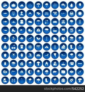 100 clouds icons set in blue circle isolated on white vectr illustration. 100 clouds icons set blue