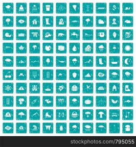 100 clouds icons set in grunge style blue color isolated on white background vector illustration. 100 clouds icons set grunge blue