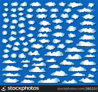 100 clouds set, different cloud shapes on blue background. 100 clouds set