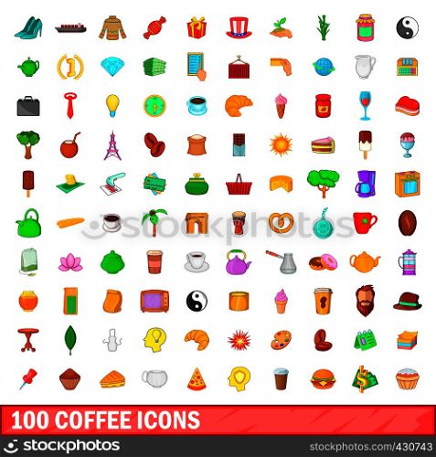 100 coffee icons set in cartoon style for any design vector illustration. 100 coffee icons set, cartoon style