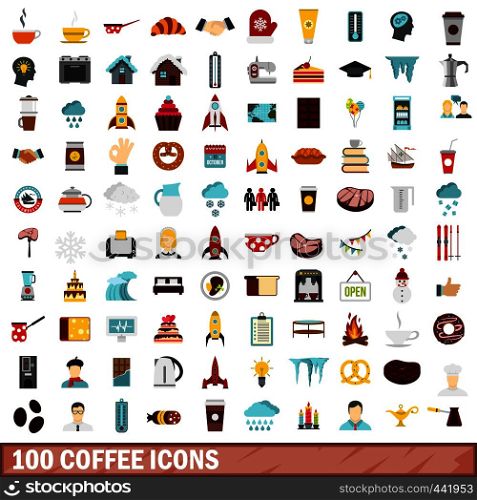 100 coffee icons set in flat style for any design vector illustration. 100 coffee icons set, flat style