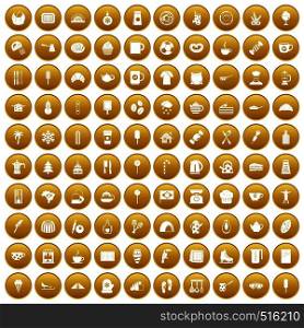 100 coffee icons set in gold circle isolated on white vector illustration. 100 coffee icons set gold