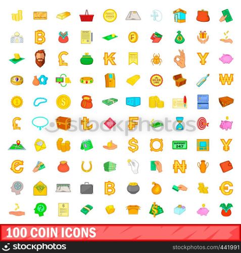 100 coin icons set in cartoon style for any design vector illustration. 100 coin icons set, cartoon style