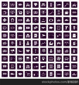 100 coin icons set in grunge style purple color isolated on white background vector illustration. 100 coin icons set grunge purple