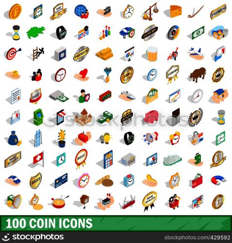100 coin icons set in isometric 3d style for any design vector illustration. 100 coin icons set, isometric 3d style