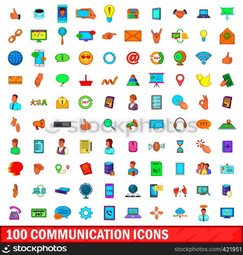 100 communication icons set in cartoon style for any design vector illustration. 100 communication icons set, cartoon style