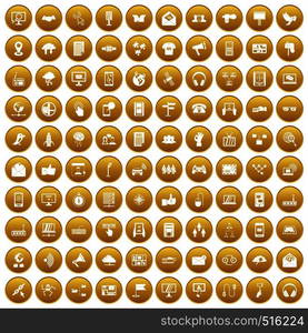 100 communication icons set in gold circle isolated on white vector illustration. 100 communication icons set gold