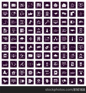 100 communication icons set in grunge style purple color isolated on white background vector illustration. 100 communication icons set grunge purple