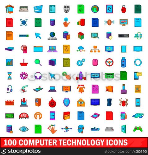 100 computer technology icons set in cartoon style for any design vector illustration. 100 computer technology icons set, cartoon style