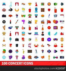 100 concert icons set in cartoon style for any design vector illustration. 100 concert icons set, cartoon style