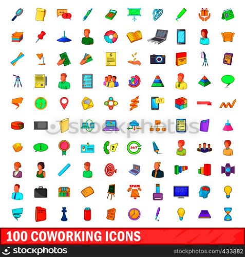 100 coworking icons set in cartoon style for any design vector illustration. 100 coworking icons set, cartoon style