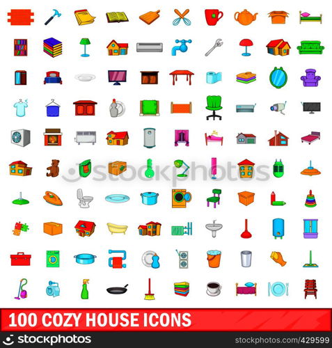 100 cozy house icons set in cartoon style for any design vector illustration. 100 cozy house icons set, cartoon style