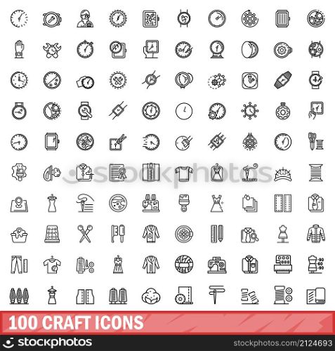 100 craft icons set. Outline illustration of 100 craft icons vector set isolated on white background. 100 craft icons set, outline style