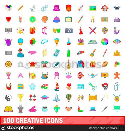 100 creative icons set in cartoon style for any design vector illustration. 100 creative icons set, cartoon style