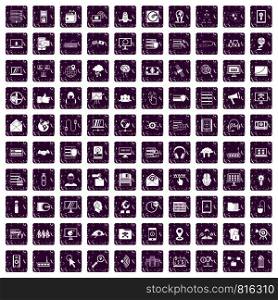 100 cyber security icons set in grunge style purple color isolated on white background vector illustration. 100 cyber security icons set grunge purple