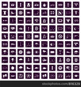 100 cycling icons set in grunge style purple color isolated on white background vector illustration. 100 cycling icons set grunge purple