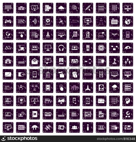100 database and cloud icons set in grunge style purple color isolated on white background vector illustration. 100 database and cloud icons set grunge purple